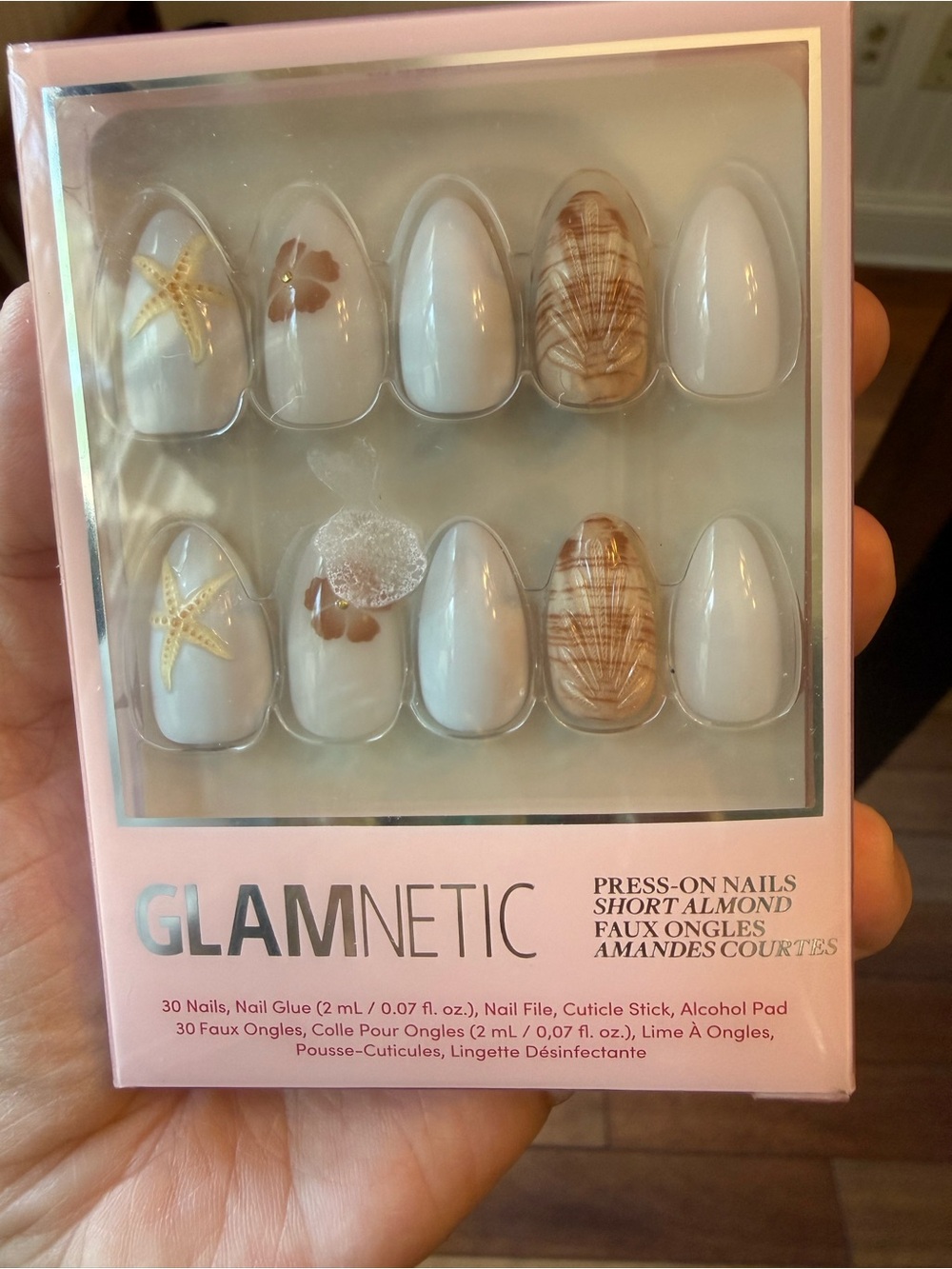 Glamnetic Press-On Short Almond Nails in White with Seashell Accents
